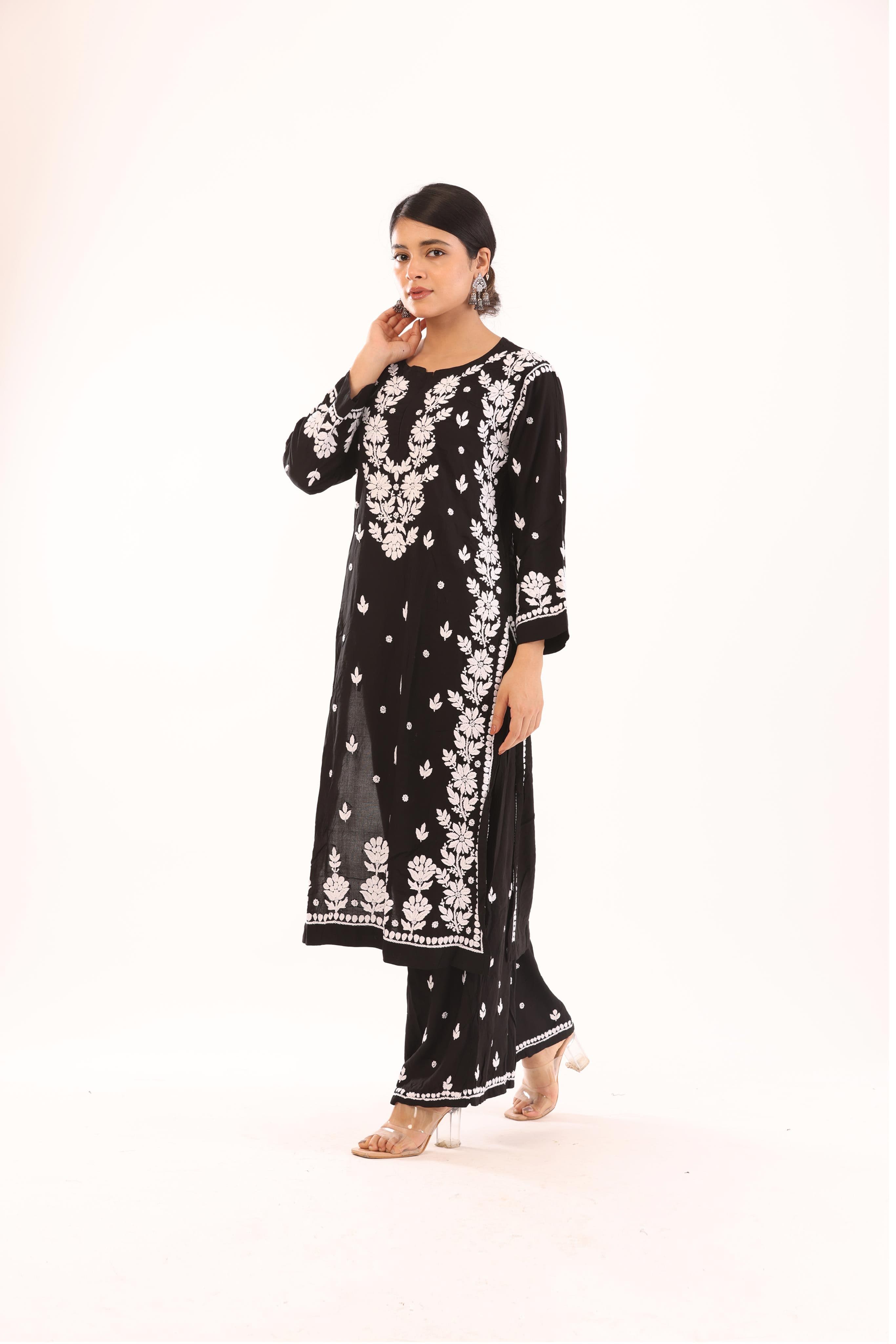 Modal Chikankari Kurta Palazzo Set with Resham Ghaspatti Work- Black
